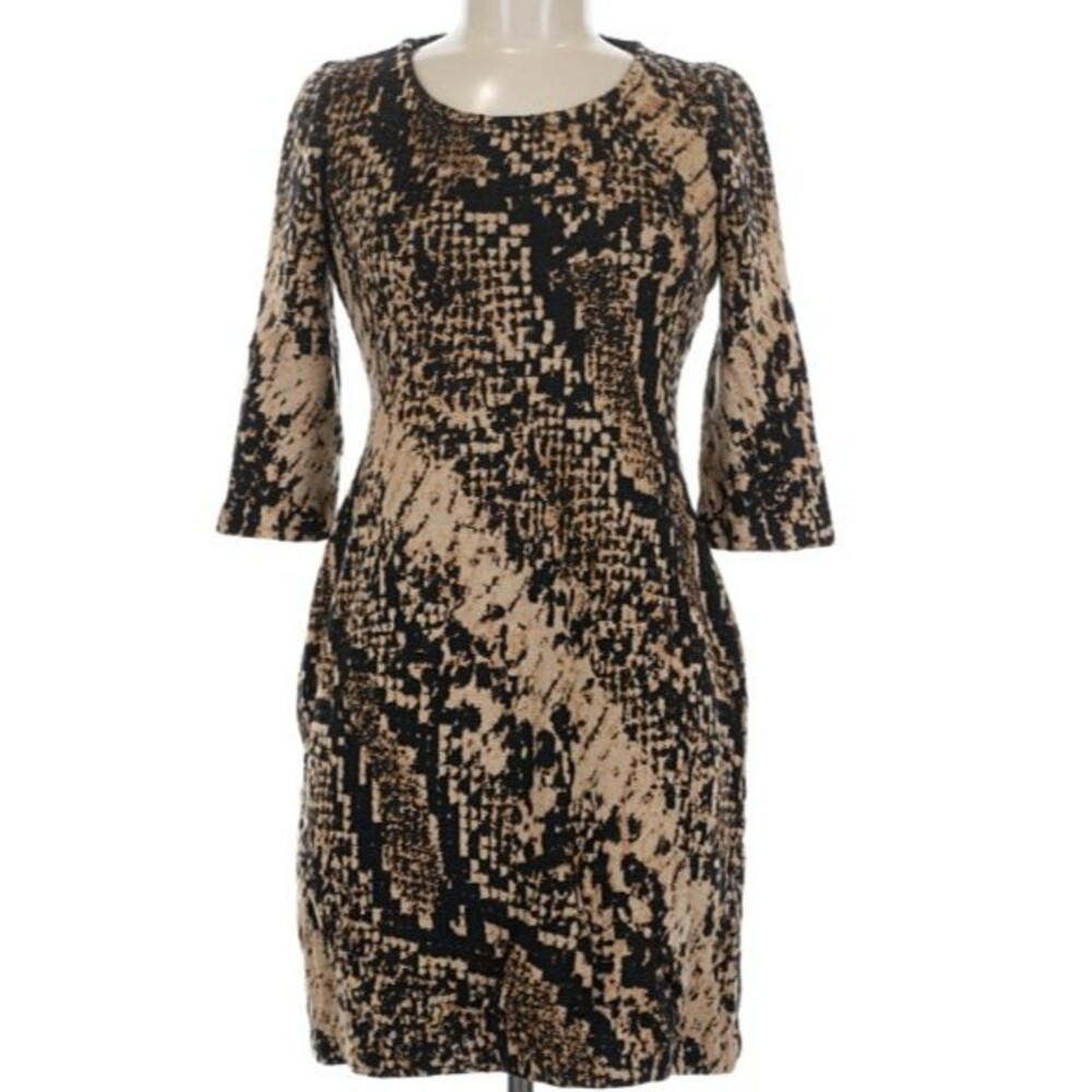 St John Collection Knit Dress 8 M Beige Black Gold Metallic Python Snake Sheath
